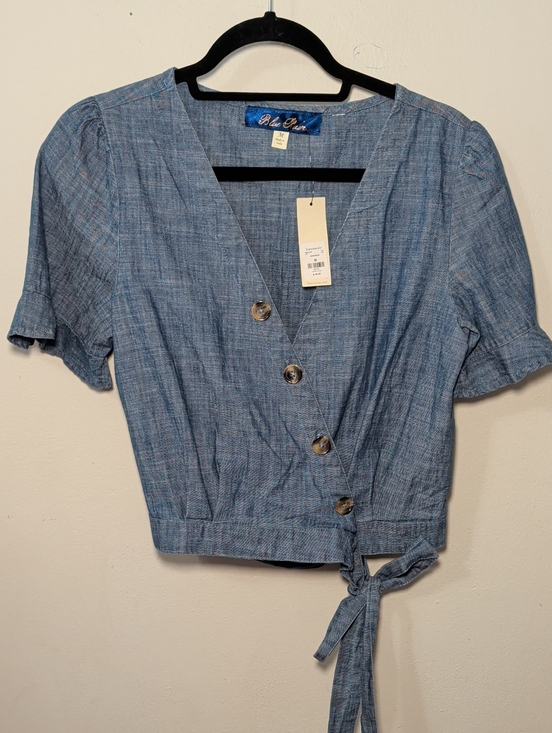 Blue Rain Tops - Blue Rain Chambray Wrap Crop Top Blue Ruffle Sleeve Button Front Women's Size M